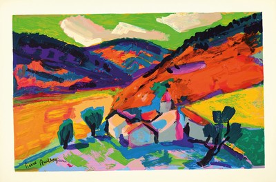 Pierre Ambrogiani, geb. 1985, "Vue provencale", Farbholzschnitt auf Bütten, Les Heures Claires um 1960, Raymond Jacquet, Paris, ca. 40x59 ...