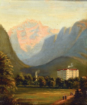 Alexandre Calamé, 1810 Vevey-1864 Menton, Landschaft im Hochgebirge, im Vordergrund ein Tal mit großem Gebäude, Öl/Malkarton, links unten ...