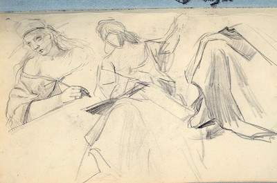 Julius Jacob d.J., 1842-1929 Berlin, Skizzenbuch und drei skizzenhafte Aquarelle, Skizzenbuch mit einer Vielzahl an überwiegend eingeklebten Skizzen ...
