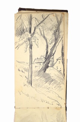 Julius Jacob d.J., 1842-1929 Berlin, Landschaftsstudie einer sommerlichen Allee, Öl/Karton, signiert 18x27 cm; Skizzenbuch, auf dem Deckel datiert ...