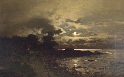 A. Thorgren, dänischer Künstler des 19./20.Jh., Küstenlandschaft bei Vollmond, signiert, öL/Lwd, Rahmen 68x100 cm