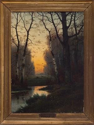 Eduard Hein d.J., 1854-1918 Düsseldorf, Landschafter der Düsseldorfer Schule, spätromantische Flusslandschaft bei Sonnenuntergang, signiert, ...