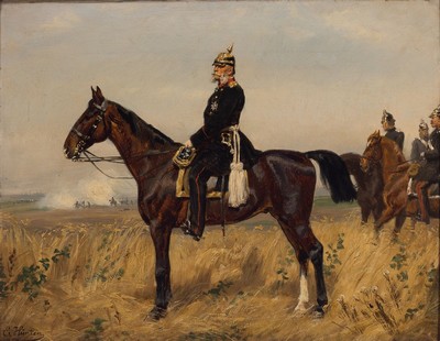 Emil Hünten, 1827 Paris-1902 Düsseldorf, Kaiser Wilhelm I. zu Pferde, ganzfigurige Ansicht im Profil, im Hintergrund Rauchschwaden eines Gefechts, ...
