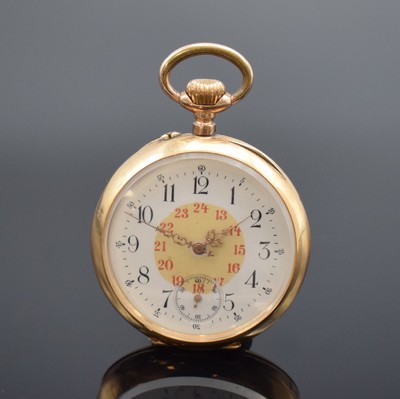TEUTONIA offene Taschenuhr in RG 585/000, Schweiz um 1900, Metallcuvette, Emailzifferbl. m. arab. Zahlen, 24-Std.-Aufkleber sp., gold. Zeiger, verg. ...