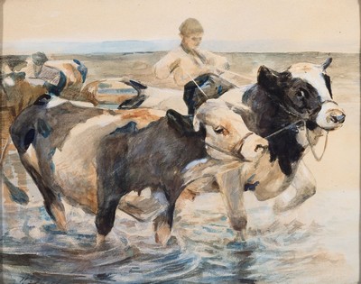 Heinrich von Zügel, 1850 Murrhardt-1941 München, Aquarell/Pastell auf Papier, "Jungereitet mit zwei Ochsen durch die Furt", um 1907 ...
