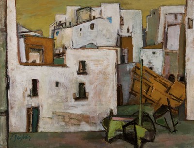Senta Geißler, 1902-2000 Ludwigshafen, kubistische Landschaft, verso bez. "Fischerdorf Schacca", Öl/Lwd auf Karton, ehem. aus der ...