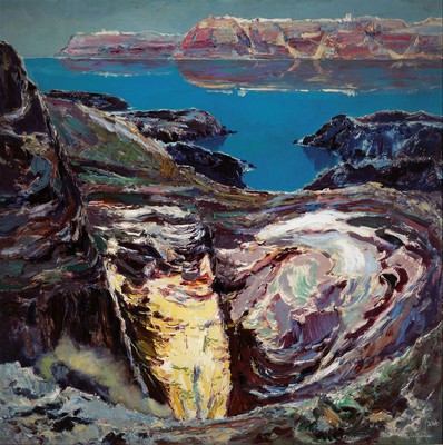 Karl Graf, 1902-1986 Speyer, Santorin, Nea Kameni Vulkan, 1955, abstrakter Duktus, Öl/Hartfaser, rechts unten signiert und bez. Neagaimeni, ca. ...