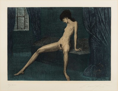 Ernst Fuchs, 1930-2015, Farbradierung, nächtliches Interieur mit weiblichem Akt, gekonnte Lichtführung durch das halbverhangeneFenster, signiert u. ...
