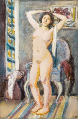 Wolfgang Jäger, 1890 Ebrach-1975 Nürnberg, Studium an der Kunstgewerbeschule Nürnberg u. an der Akademie Karlsruhe, Aquarell, stehender weiblicher ...