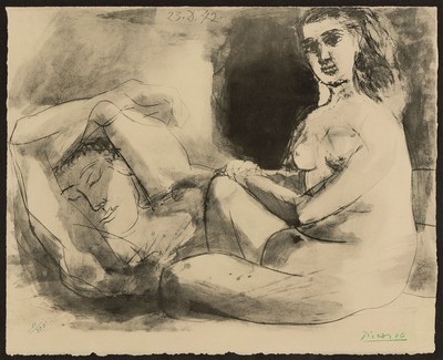 Nach Pablo Picasso, 1881 Malaga-1973 Mougins , Lithographie bzw. Collotypie auf Velin, nach "Homme couche et femme assise" (1942), 1967, ...