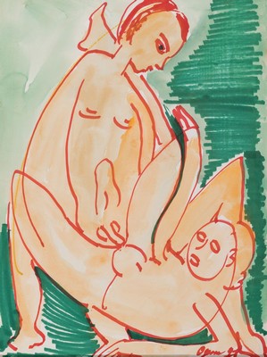 Gertrud Ogem, 1919-1985, Berliner Künstlerin des Postexpressionismus, 3 Aquarelle/Mischtechniken, erotische Figurenpaare in expressiver Farbigkeit, ...
