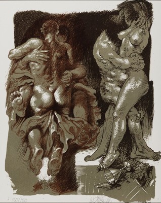 Willi Sitte, 1921-2003, 3 Farblithographien, in Olivgrün, Rot- u. Dunkelbraun, auf Weißenborn-Bütten, erotische Figurengruppen, je signiert und ...