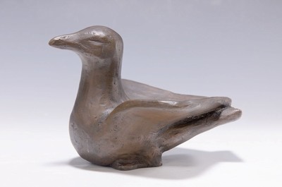 Zeitgenössische Bronzeskulptur einer Taube, monogr. TR o.ä., ca. 13x18x16.5 cm