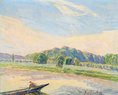 Daniel Wohlgemuth, 1876 Albisheim-1967 Gundersheim, Beginnender Tag auf dem Rhein, rückseitig auf altem Künstleretikett so betitelt, Öl/Lwd, ...