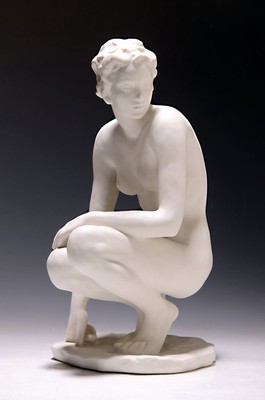 Porzellanfigur, Rosenthal, Hockende, sign. Fritz Klimsch, Biskuitporzellan, H. ca. 35.5cm, 2. Wahl