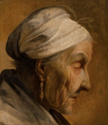 Zuschreibung: Robert Wessinger, 1825 Asperg - 1894 Darmstadt, Charakterkopf einer alten Frau mit Kopftuch und markanten Ohrringen, Öl/Pappe auf ...