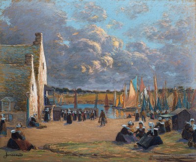 Mathurin Janssaud, 1857- 1940, bretonischer Hafen mit reicher Figurenstaffage, bewegter Himmel mit aufziehenden Gewitterwolken, Pastell/Papier, ...