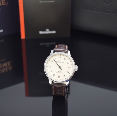 MEISTERSINGER No 3 Herrenarmbanduhr in Stahl Referenz AM903, Automatik, beids. vergl. Geh., Boden 6-fach verschr., orig. Lederband m. dopp. ...