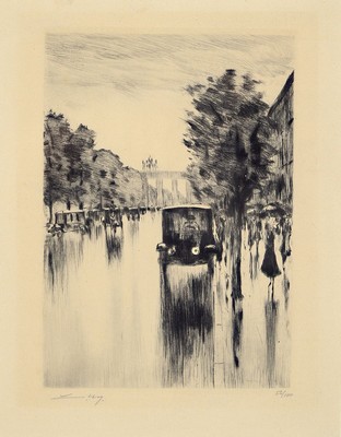 Lesser Ury, 1861-1931, Kraftdroschke im Regen am Brandenburger Tor, Radierung, leicht gebräunt, links unten handsign., rechts unten num. 52/100, ca. ...