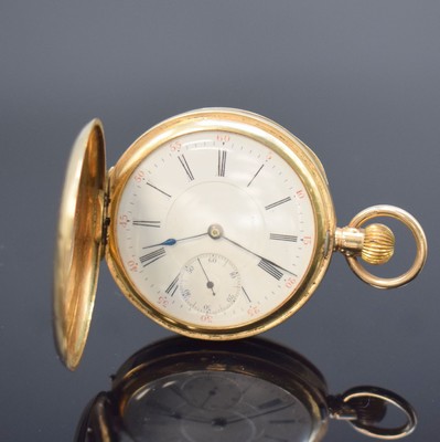 Halbsavonette Herrentaschenuhr in Roségold 375/000, Schweiz/England um 1920, glattes 3 Deckel Goldgeh. dell., Sprungdeckel m. email. Zahlen, 2-teil. ...