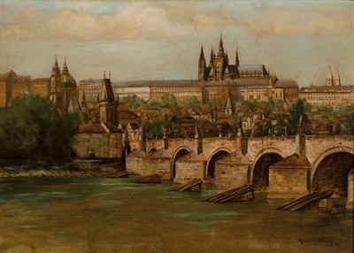 Rudolf Porth, dat. (19)59, Professur am Städelschen Kunstinstitut, Ansicht aus Prag, Blick über die Karlsbrücke auf die Prager Burg Öl/Lwd, ...