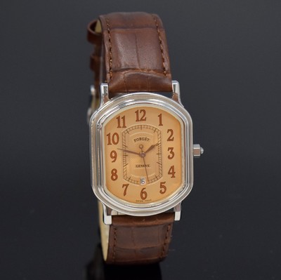 FORGET ungetragene Armbanduhr in Edelstahl, Schweiz um 1990, Automatik, aufwendiges, rechteck. und beids. vergl. Geh., Boden 4-fach verschr., ...