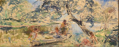Ungedeuteter Künstler Anfang des 20.Jh., Anfang/Mitte 20.Jh., Figurengruppe in Parklandschaft, 5 Frauen um ein Boot am Weiher, links unten ...