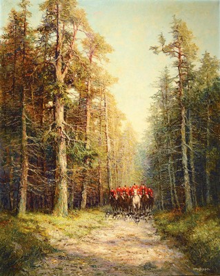 Otto Pippel, 1878 Lodz-1970 Planegg, "Ausritt zur Fuchsjagd" so verso auf altem Etikett bezeichnet, Waldweg in Fluchtpunktperspektive, ...