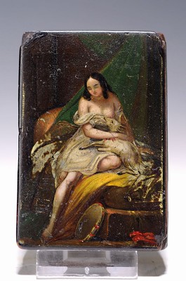 Deckeldose/Tabakdose, wohl Johann Paul Hahn, um 1830, im Boudoir, sinnliche Darstellung einer jungen, leicht bekleideten Frau mit Ziege, Lack, ...
