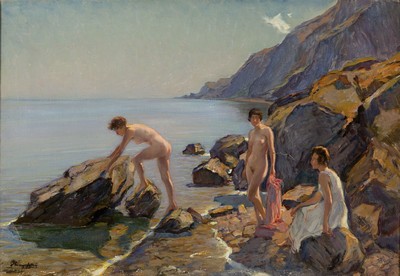 Wilhelm Hempfing, 1886 Schönau - 1948 Karlsruhe, Studium an der Akademie Karlsruhe, hier: Badende am felsigen Ufer, Öl/Lwd, li. unten signiert, ca. ...