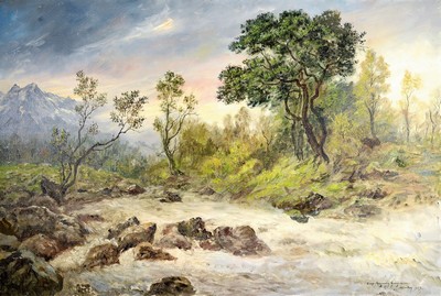 Caspar Augustin Geiger, 1847 - 1924,, Münchener Maler, Vorgebirgslandschaft mit wildem Bach, bewegter Himmel, Öl/Lwd, re. unten signiert und dat. ...