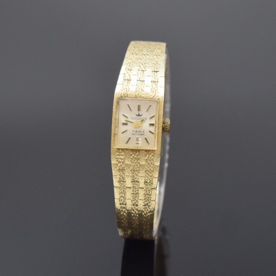 AMARA Damenarmbanduhr in GG 585/000, Deutschland um 1970, Handaufzug, 2-teil. Geh., Boden aufgedr., Milanaiseband, silb. Zifferbl., m. aufges. ...