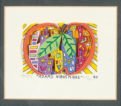 James Rizzi, 1950-2011, 3D-Farbserigraphie "Adams Nightmare" (1990), Ed. 212/351, handsigniert, Bild 10x12 cm, unter PP und Glasgerahmt, ...