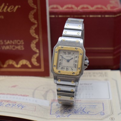 CARTIER Santos Damenarmbanduhr in Stahl/Gold Referenz 1057930, Schweiz verk. lt. beil. Zertifikat 07/1994, quarz, orig. Gliederband m. Faltschl., ...