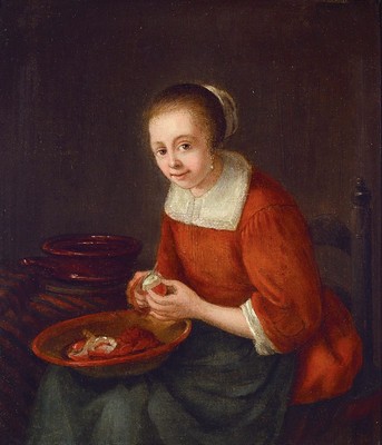 Unbekannter Künstler des 18. Jh., nach Nicolas Maes, Junge Frau beim Apfel schälen, Öl/Holz, ca. 21x18cm, R. ca. 34x31cm