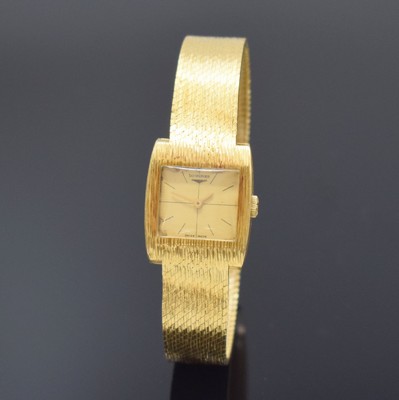 LONGINES Damenarmbanduhr in GG 750/000, Schweiz um 1967, Handaufzug, 2-teil. Geh., Boden aufgedr., Milanaiseband, gold. Zifferbl. altersbed. fl., ...