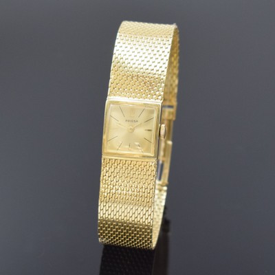 PRIOSA Damenarmbanduhr in GG 585/000, Schweiz um 1960, Handaufzug, 2-teil. Gehäuse, Boden aufgedr., Milanaiseband m. Monogramm, gold. Zifferbl. ...