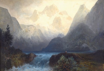 Karl Heilmayer, 1829-1908 München, Person am Ufer eines Gebirgsees, Öl/Lwd, rechts unten signiert, ca. 46x70cm, massiver goldfarbener Rahmen ca. ...