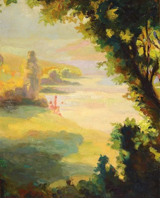 Pierre Lesage, geb. 1933, Badende am Strand einer Küste mit Baumgruppen, Öl/Lwd, links unten signiert, ca. 50x40cm, R. ca. 65x55cm