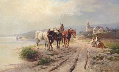 Johanna von Astudin-Meinke, Malerin des 20.Jh., "Rastende Treidelpferde" so verso auf altem Etikett bez., Bauer mit Rückepferden bei der ...