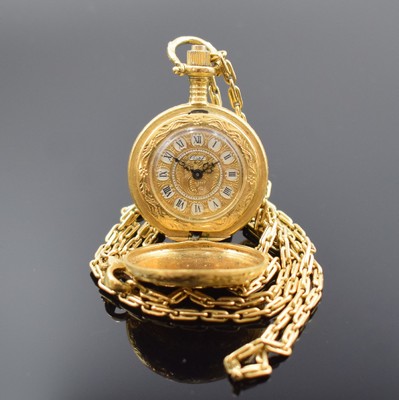 Damensavonette in GG 750/000 mit Kette in GG 750/000, Schweiz um 1970, Handaufzug, floral grav. Geh., Boden aufgedr., grav. Zifferbl. m. röm. ...