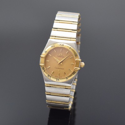 OMEGA Constellation Damenarmbanduhr in Stahl/Gold, Schweiz um 1995, quarz, Boden aufgedr., Gliederband m. Faltschl., Goldlünette m. röm. Zahlen, ...