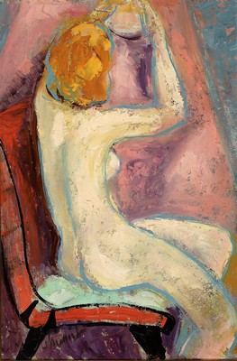 Ludwig Straub, 1905 Straubing - 1986 Seeheim , weiblicher Rückenakt, signiert, verso bez."sitzender Akt" und datiert 1952, Öl/Lwd, 70x47 ...