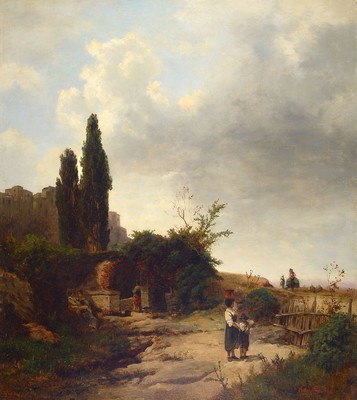 Oswald Achenbach, 1827 - 1905 Düsseldorf, Prof. der Landschaftsklasse an der KA Düsseldorf, italienische Landschaft, wohl beeinflusst durch die ...