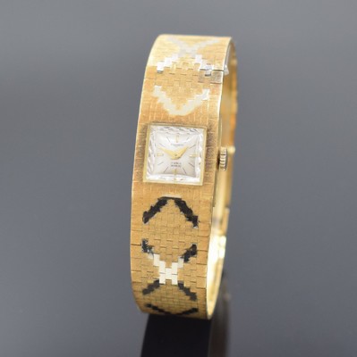 PROGRESS Damenarmbanduhr in GG und WG 750/000, Schweiz um 1960, Handaufzug, 2- teil. Geh., Boden aufgedr., Milanaiseband, silb. Zifferbl., gold. ...