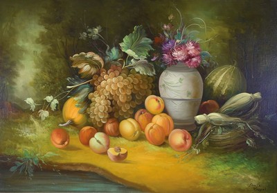 Bodo Kayrel, 1913, Früchtestillleben mit Trauben, Melone und Pfirsischen, signiert, Öl/Lwd, Rahmen 87x117 cm