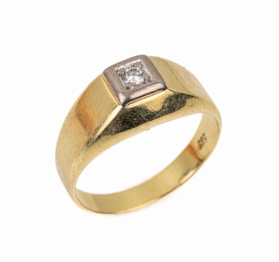 14 kt Gold Brillant-Ring, GG 585/000, Brillant in WG gefasst ca. 0.07 ct Weiß/si, ca. 4.9 g, RW 58
