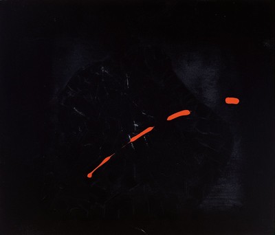 Franco Ferrari, 1929 Sondrio - 2000, Studiumin Mailand und Rom, Komposition in rot auf schwarz, 1987, unleserlich bez. "spazio...", verso ...