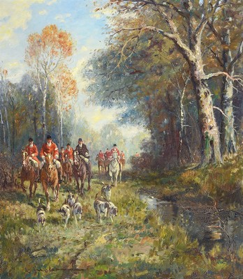 Karl Mohr, 1922 Düsseldorf - 2013, Parforcejagd, Öl/Lwd, li. u. signiert, ca. 80 x 70 cm, Prunkrahmen ca. 100 x 87 cm , kl. Farbabblätterungen