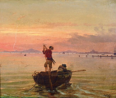 Zuschreibung: Friedrich Nerly (Friedrich Nehrlich), 1807 Erfurt-1878 Venedig, Fischer in ihrem Boot bei Sonnenaufgang, im Hintergrund die Lagune von ...
